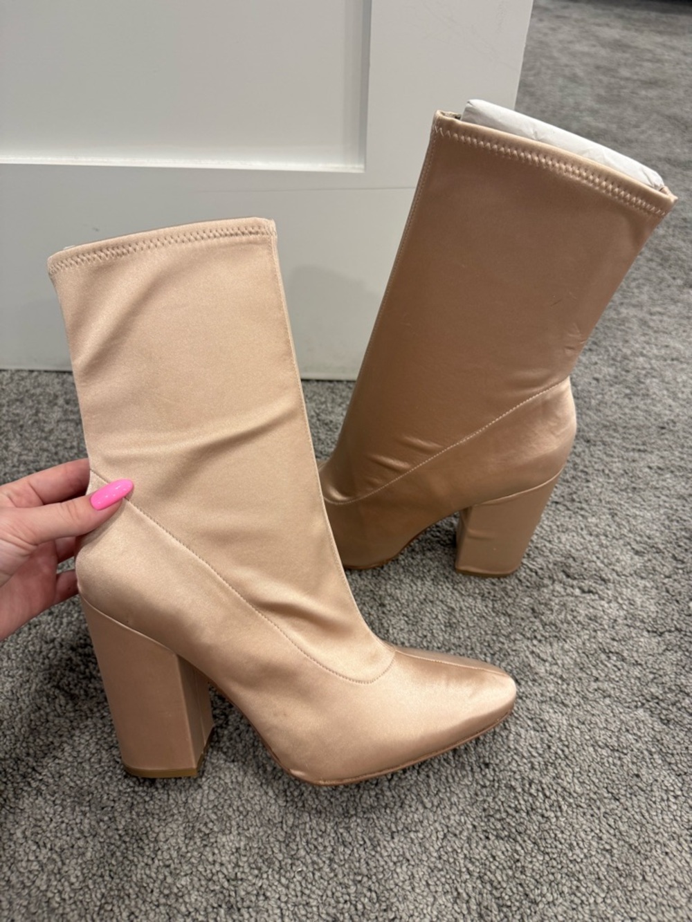 Kendall & Kylie Satin Nude Block Heel Ankle Boots